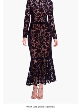 Marchesa Navy Blue Velvet Floral Lace Midi Dress